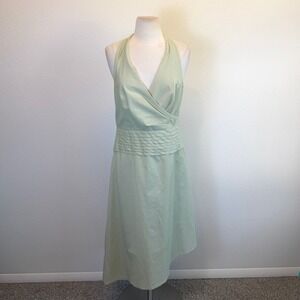 Kay Unger Green Striped Asymmetric Midi Dress Womens 12 Faux Wrap Cocktail